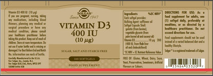 Solgar Vitamin D3 (Cholecalciferol) 400 IU, 100 Softgel Capsules