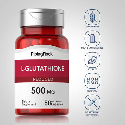 Piping Rock L-Glutathione 500 mg, 50 Capsules, Reduced Form, Non-GM, Gluten-free