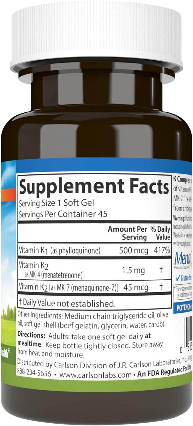 Carlson K Complete - Vitamin K1 & K2 (MK-4 & MK-7) - Supports Bone & Heart Health - 45 Softgels - görsel 2