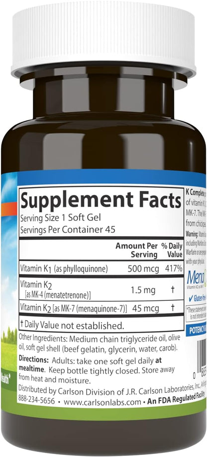 Carlson K Complete - Vitamin K1 & K2 (MK-4 & MK-7) - Supports Bone & Heart Health - 45 Softgels