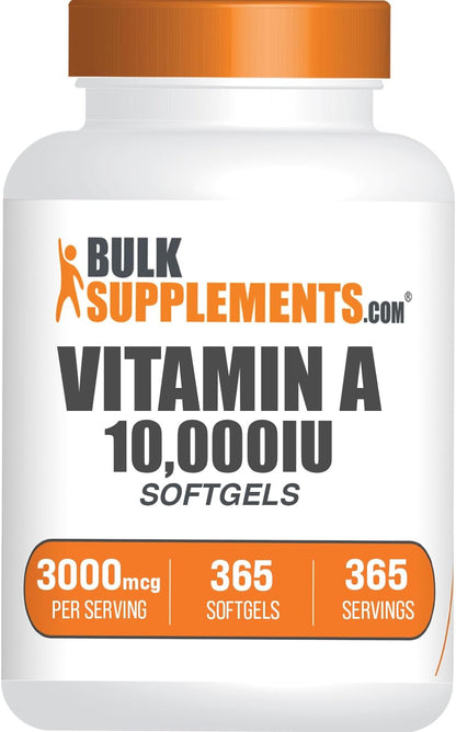 BulkSupplements.com Vitamin A 10000 IU Softgels - as Retinyl Palmitate, Vitamin A Supplement - for Vision & Immune Support, Gluten-free, 1 Soft gel capsule per Serving, 365 Count (Pack of 1)