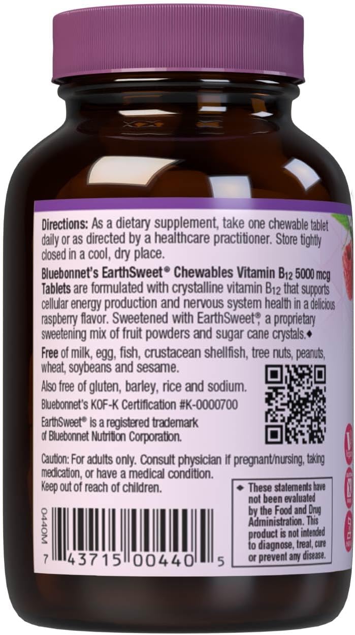 Bluebonnet Nutrition Earth Sweet Vitamin B12 5000 mcg Chewable Tablets – Raspberry Flavour, 30 Tablets - görsel 3