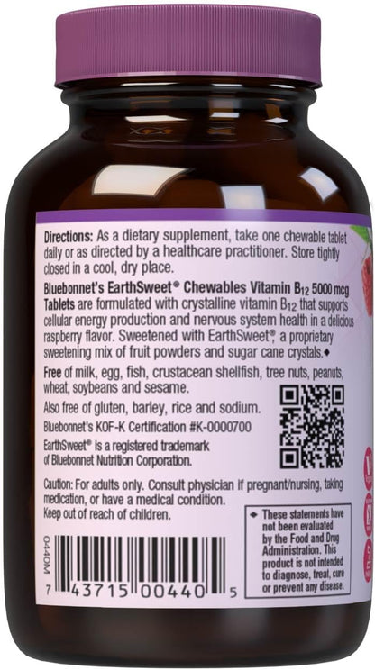 Bluebonnet Nutrition Earth Sweet Vitamin B12 5000 mcg Chewable Tablets – Raspberry Flavour, 30 Tablets