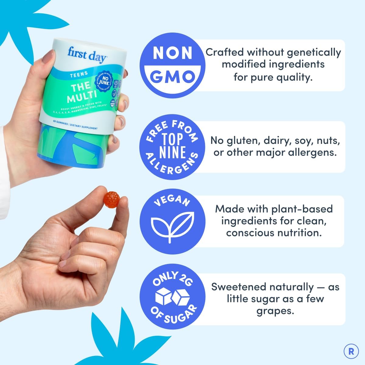 FIRST DAY Vitamins for Teens - Teen Multivitamins for Girls & Boys 12-17, Organic Fruit & Veg Blend - 12 Key Nutrients: Vitamins A, B1, B2, B6, B9, B12, C, D3, E, K2 - 60 Day Supply - görsel 7
