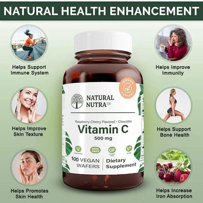Natural Nutra Vitamin C Supplement for Kids and Adults, Immune Booster, Supports Bone Health, Protects Skin and Heart, Vegetable Source, 500 mg, 100 Vegan Wafers