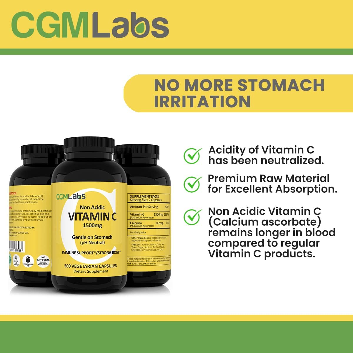 CGMLABS Non Acidic Vitamin C Food Supplement 1500mg with Calcium - Gentle on the Stomach, Immune & Bone Support (500 Capsules) - görsel 4