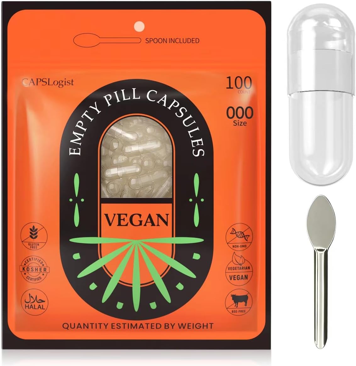 Vegan Empty Capsules Size 000 - 100 Clear Capsules with Micro Lab Spoon - görsel 1