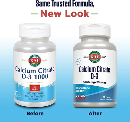 KAL Calcium Citrate with D 1000 IU Tablets - 1000 mg, 90 Tablets