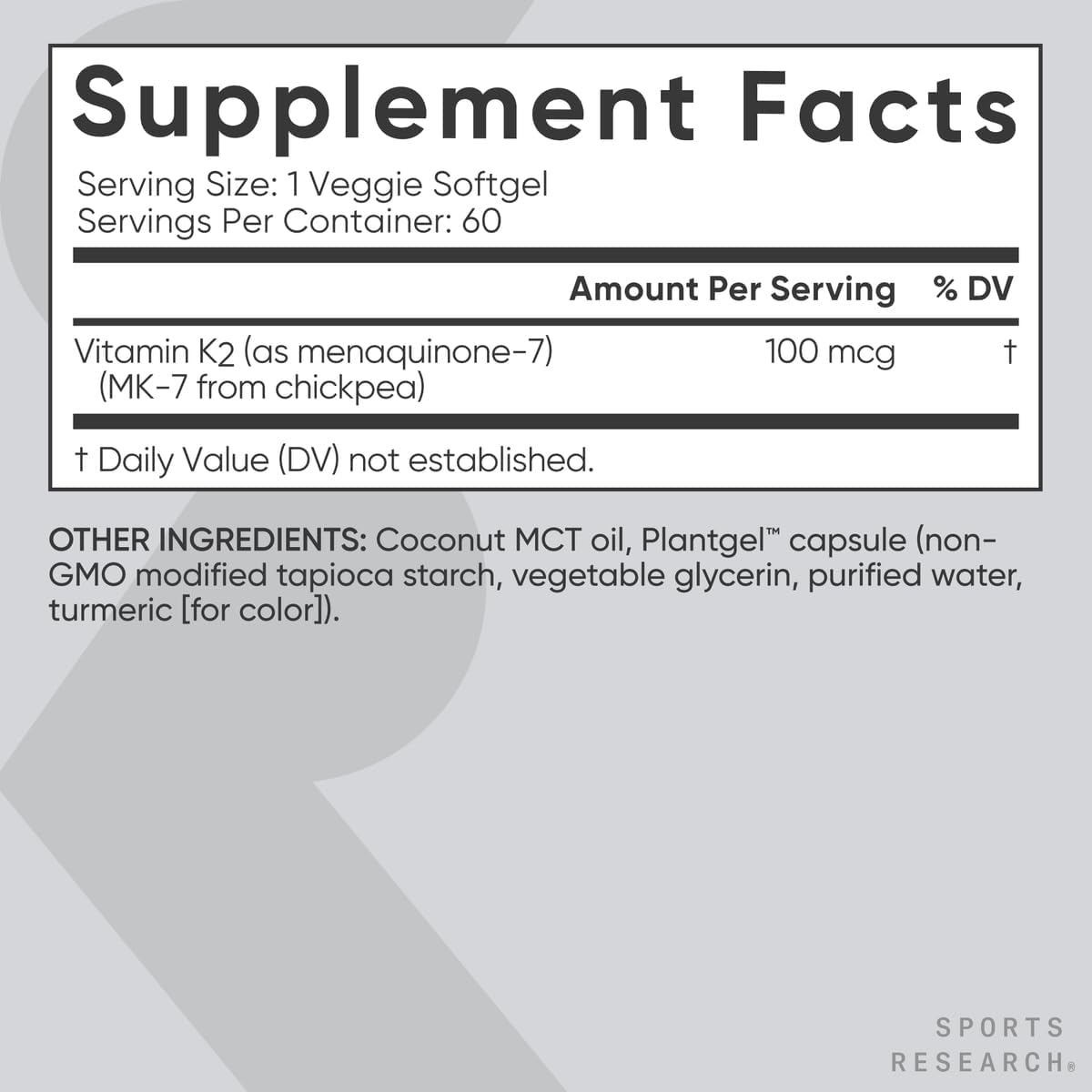 Sports Research Vitamin K2 as MK-7 100mcg with Coconut MCT Oil – 60 Veggie Softgels - görsel 5