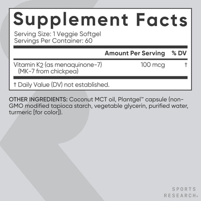 Sports Research Vitamin K2 as MK-7 100mcg with Coconut MCT Oil – 60 Veggie Softgels