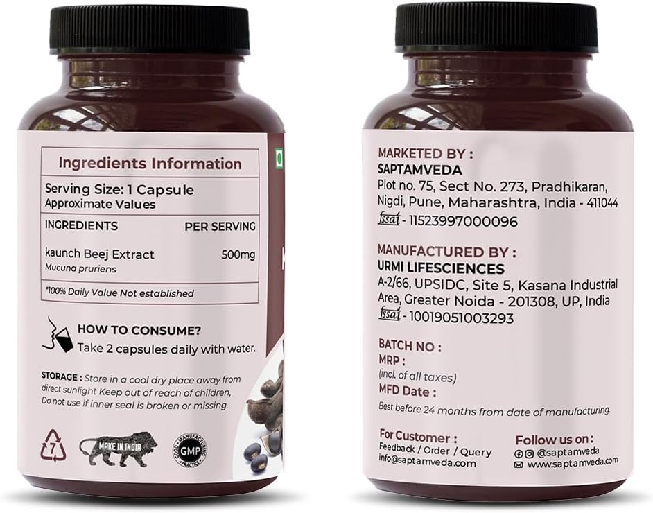 SAPTAMVEDA Natural Kaunch Beej Extract 500mg - 60 Vegan Capsules – Image 6