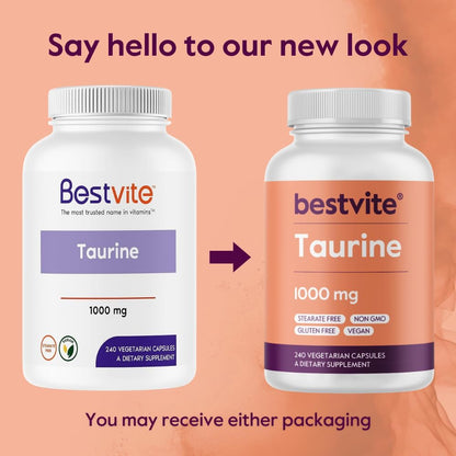 BESTVITE Taurine 1000mg – 240 Vegetarian Capsules – Pure Amino Acid Supplement – Vegan, Non-GMO, Gluten-Free