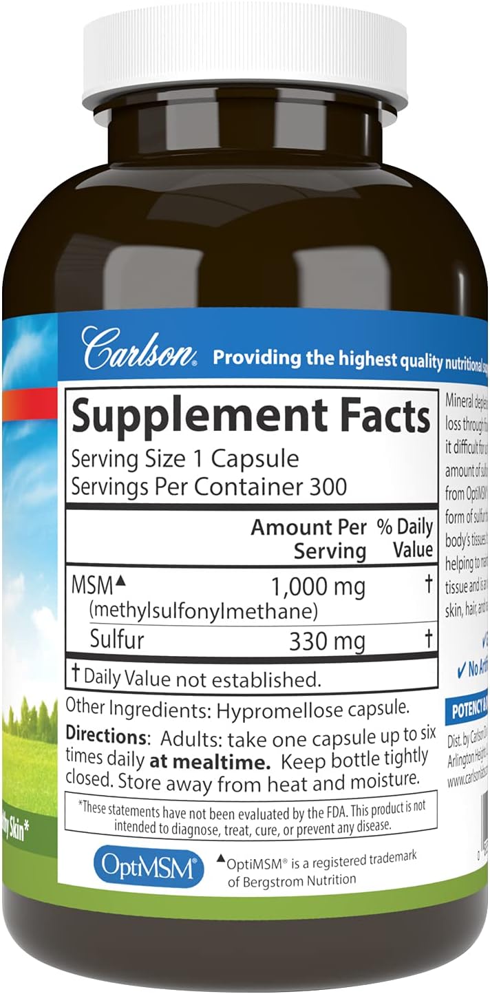 Carlson M-S-M Sulphur, 1000 mg - 300 Vegetarian Capsules - görsel 2