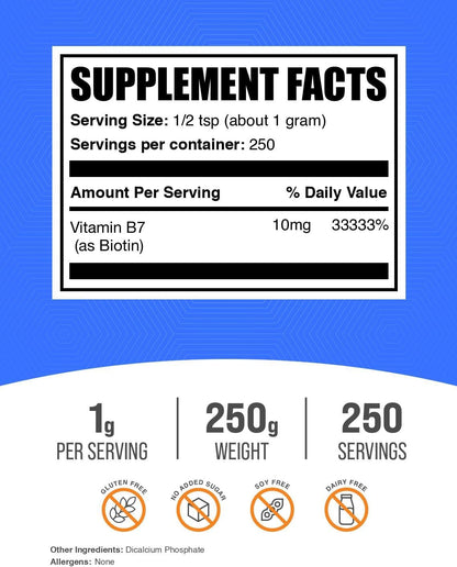 BulkSupplements Biotin 10,000mcg Powder - Vitamin B7, 250g