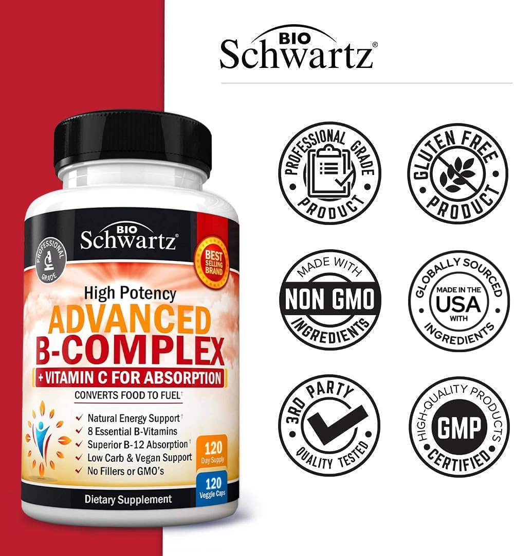 BioSchwartz Vitamin B Complex with Vitamin C – Methylcobalamin B12 & Folate Supplement, 120 Capsules - görsel 5
