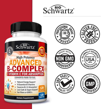 BioSchwartz Vitamin B Complex with Vitamin C – Methylcobalamin B12 & Folate Supplement, 120 Capsules