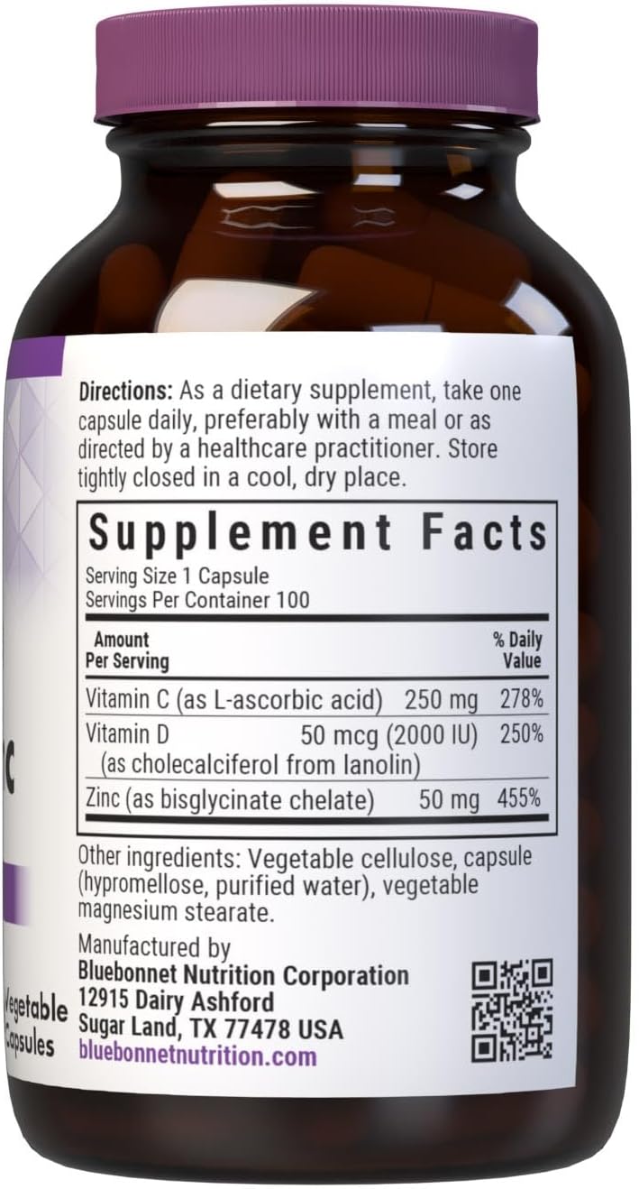 Bluebonnet Nutrition Vitamin C, D3 & Zinc - Immune Health Support, Soya-Free, Gluten-Free, Non-GM, Kosher, 100 Vegetable Capsules - görsel 2