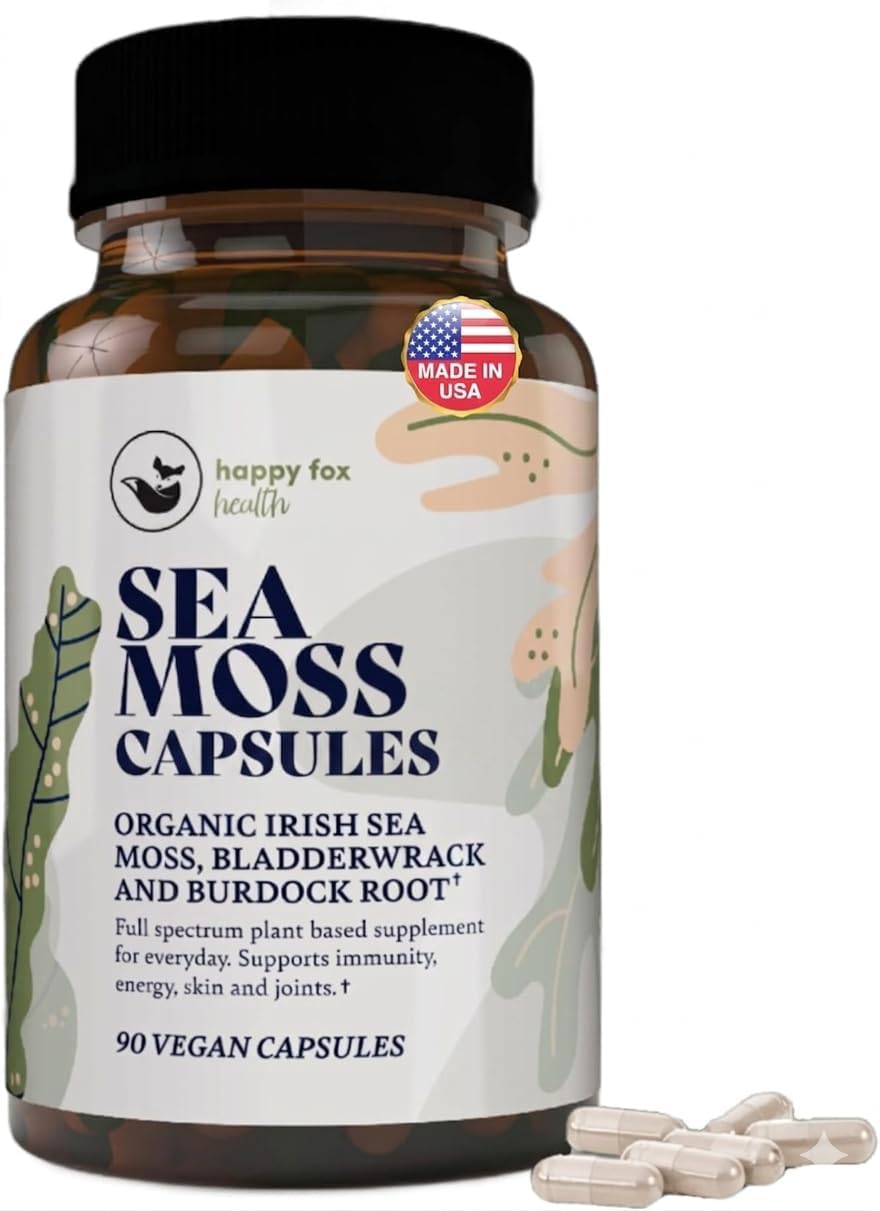 HAPPY FOX Irish Sea Moss Capsules with Burdock Root & Bladderwrack - Alternative to Seamoss Gummies or Powder, 90 Vegan Capsules, Made in the USA - görsel 1