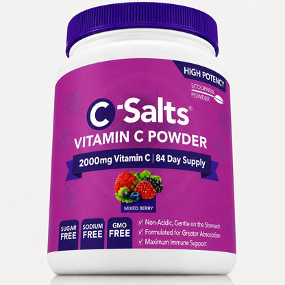 C-Salts Buffered Vitamin C Powder – Organic, Stomach-Friendly Vitamin C Drink – Mixed Berry, 227g (84 Servings)