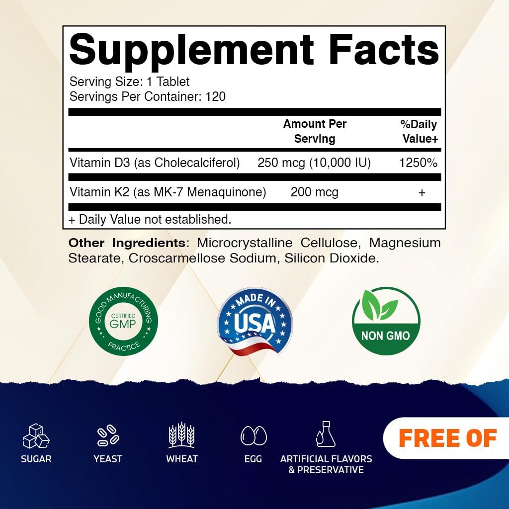 Vitamatic Vitamin D3 K2 Supplements with 10,000 IU Vitamin D + 200mcg Vitamin K MK-7, 120 Tablets Bone, Heart, Immune, & Calcium Support - görsel 2