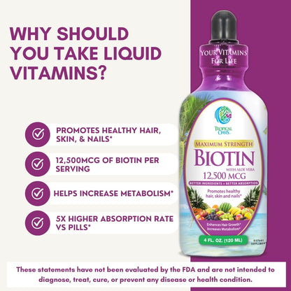 Maximum Strength Liquid Biotin Drops with Organic Aloe Vera, 12,500 mcg – 118 ml (4 fl oz, 30 Servings)