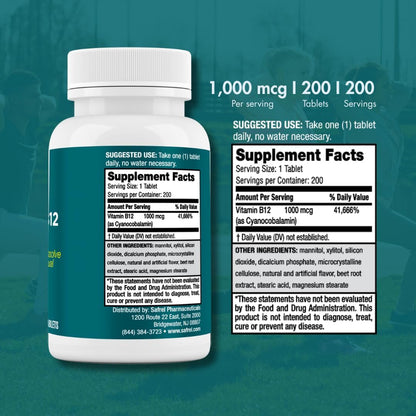 Safrel Vitamin B12 1000 mcg, 200 Fast Dissolve Tablets, Easy to Take Sublingual B12 Cherry Flavour, 200-Day Supply