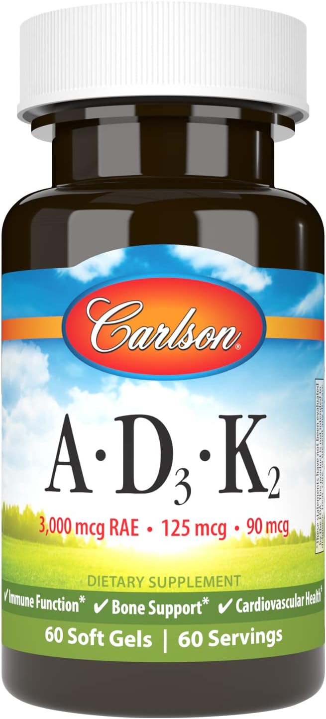 Carlson - Vitamins A, D3, K2 - 3000 mcg RAE Vitamin A, 125 mcg Vitamin D3, 90 mcg Vitamin K2 as MK-7 - 60 Softgels - görsel 1