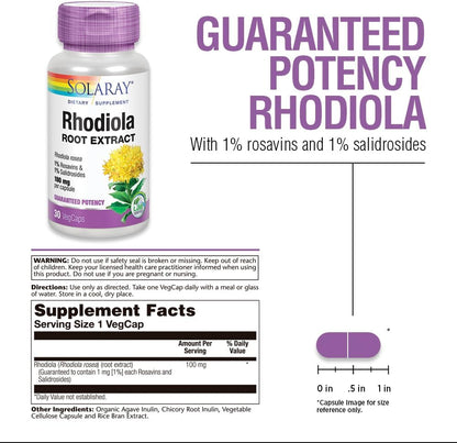 SOLARAY Rhodiola Rosea Root Extract 100mg | Adaptogenic Herbal Supplement | 30 VegCaps