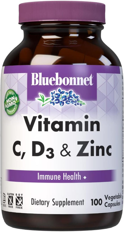Bluebonnet Nutrition Vitamin C, D3 & Zinc - Immune Health Support, Soya-Free, Gluten-Free, Non-GM, Kosher, 100 Vegetable Capsules