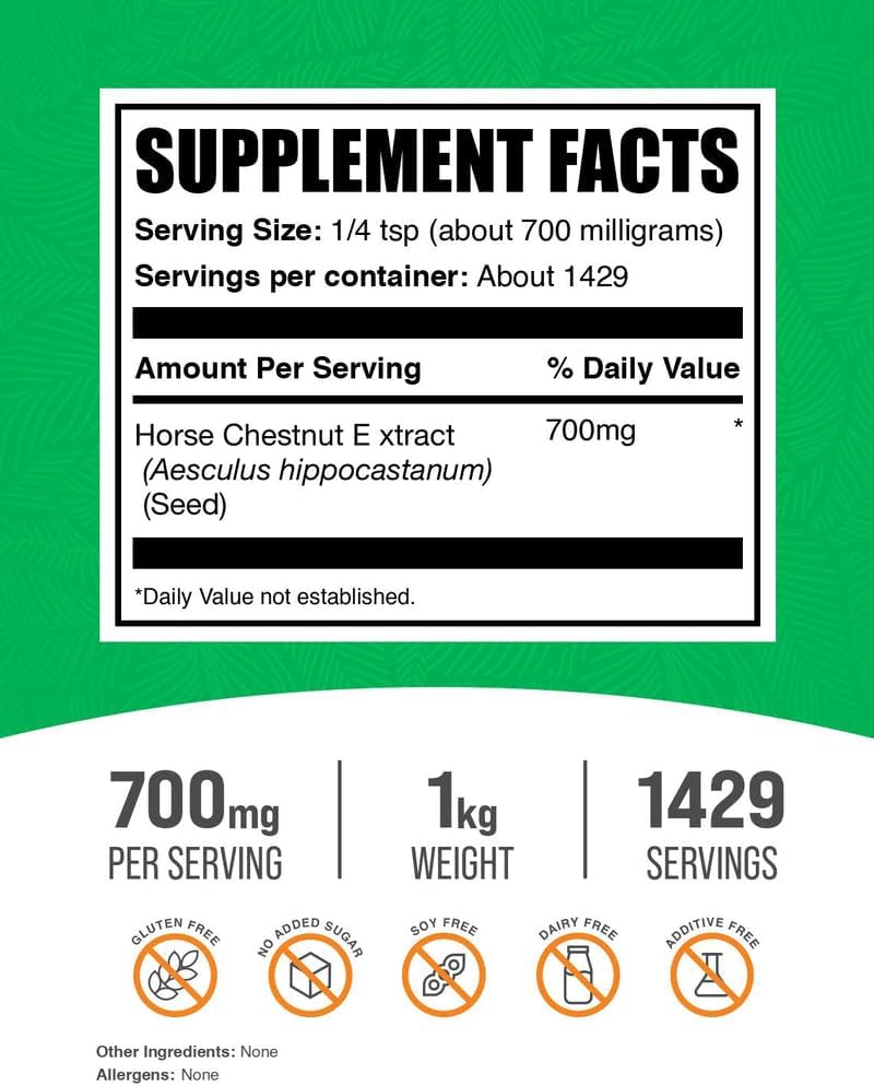 BulkSupplements.com Horse Chestnut Extract Powder - Horse Chestnut Supplement, Herbal Supplement - Gluten-free, 700mg per Serving, 1kg (2.2 lbs) (Pack of 1) - görsel 2