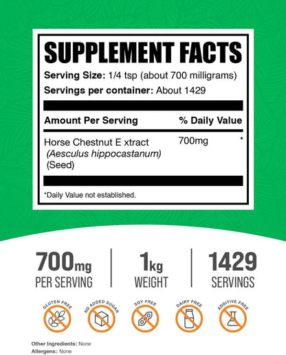 BulkSupplements.com Horse Chestnut Extract Powder - Horse Chestnut Supplement, Herbal Supplement - Gluten-free, 700mg per Serving, 1kg (2.2 lbs) (Pack of 1)