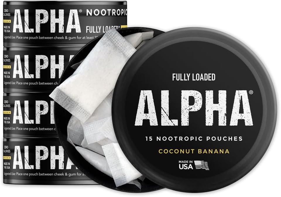 Fully Loaded Alpha Nootropic Pouches (Coconut Banana) - 5 Cans - 15 Pouches per Can - Effective Nootropic Delivery, Nicotine Pouch Replacement - Faster Absorption, Alpha GPC, L-Tyrosine, GABA - görsel 1
