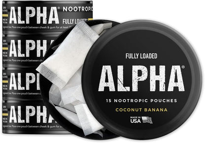 Fully Loaded Alpha Nootropic Pouches (Coconut Banana) - 5 Cans - 15 Pouches per Can - Effective Nootropic Delivery, Nicotine Pouch Replacement - Faster Absorption, Alpha GPC, L-Tyrosine, GABA
