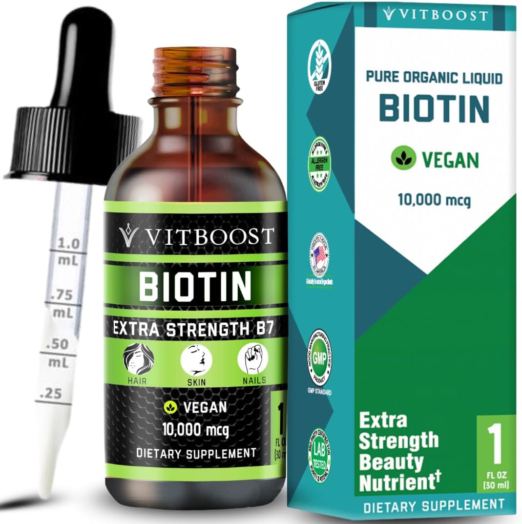 Vitboost Liquid Biotin Drops 10,000mcg - Extra Strength Vegan Formula with Organic Berry Flavour for Hair, Skin and Nails - 60 Servings - görsel 1