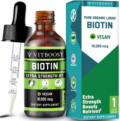 Vitboost Liquid Biotin Drops 10,000mcg - Extra Strength Vegan Formula with Organic Berry Flavour for Hair, Skin and Nails - 60 Servings