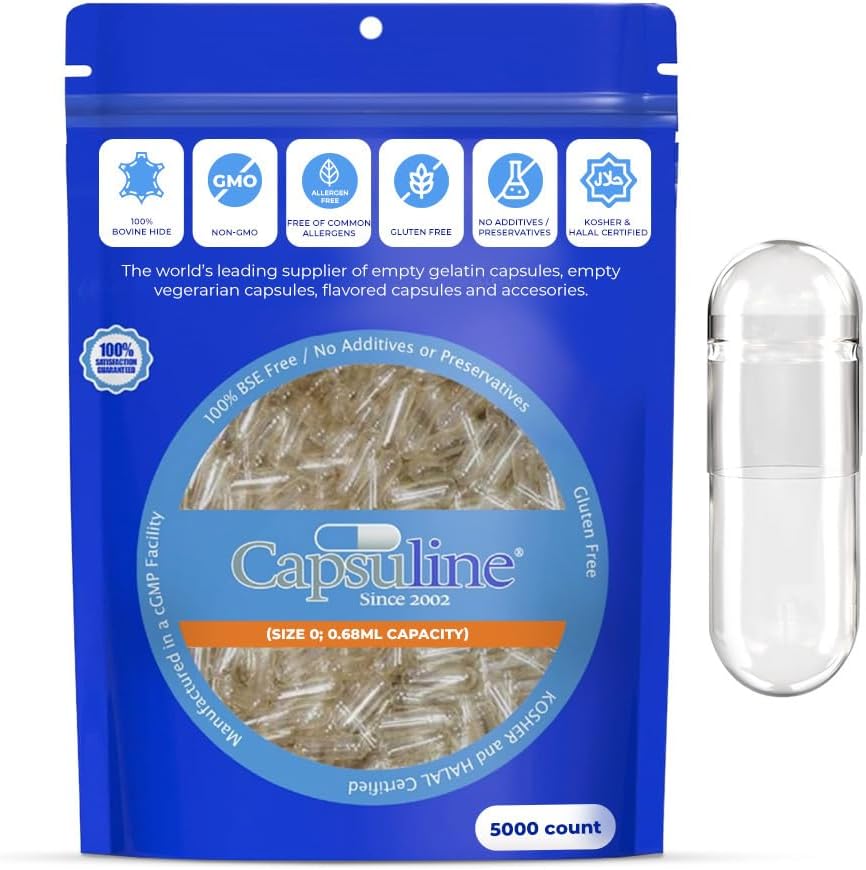 Capsuline Size 0 Empty Gelatine Capsules, Clear - 5000 Count | Gluten-free, Kosher, Non-GMO Certified | Pure Bovine Capsules for DIY Supplement Filling - görsel 1