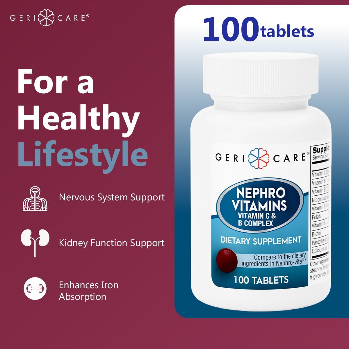 GeriCare Nephro Vitamin C & B Complex Tablets, 100 Count – Daily Kidney Health & Energy Support - görsel 2