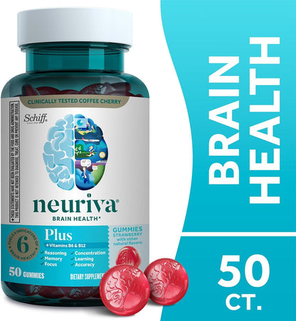 NEURIVA Plus Decaff Nootropic Brain Supplement Gummies, Strawberry, 50 Count (Pack of 3)