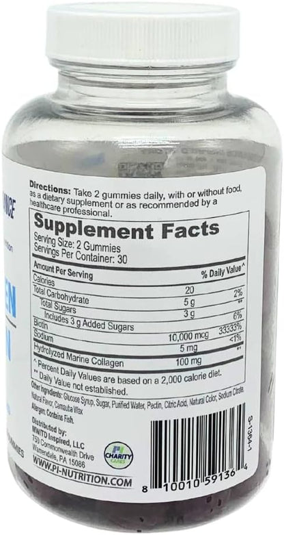 PERFORMANCE INSPIRED Nutrition Collagen + Biotin Gummies – Hydrolysed Marine Collagen – Supports Hair, Skin & Nails – Raspberry Flavour – 60 Count