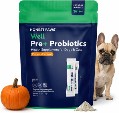 Honest Paws Probiotics for Dogs - Dog Digestion Gut Health Probiotic Powder with Prebiotic Made in the USA, Digestive and Immune Support - Digestive Enzymes with Pumpkin Flavour (30 Sticks)