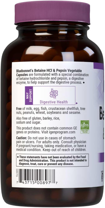 BlueBonnet Betaine HCl Plus Pepsin Vegetarian Capsules – 180 Capsules