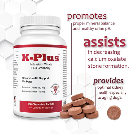 K-Plus Potassium Citrate Plus Cranberry Supplement for Dogs - Urinary Support Chewable Tablets, 200 Count