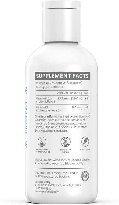 Renue By Science Vitamin D3 K2 Liposomal Gel - High Strength D3 & K2 Supplement with 2500 IU Vitamin D3 and 200 mcg Vitamin K2 per Serving, Non-GM, Allergen-Free, Made in the USA