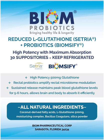 High Potency 500mg Reduced L-Glutathione (Setria Brand) + Probiotic Suppository - Bio-available Glutathione with Probiotics