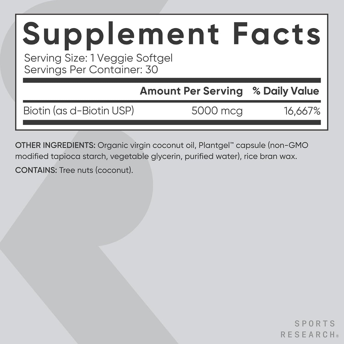 Sports Research Biotin 5,000mcg with Organic Coconut Oil - Vitamin B7 for Healthy Hair and Skin Support - Vegan, Non-GMO, Gluten & Soya-Free - 30 Veggie Softgels - görsel 5