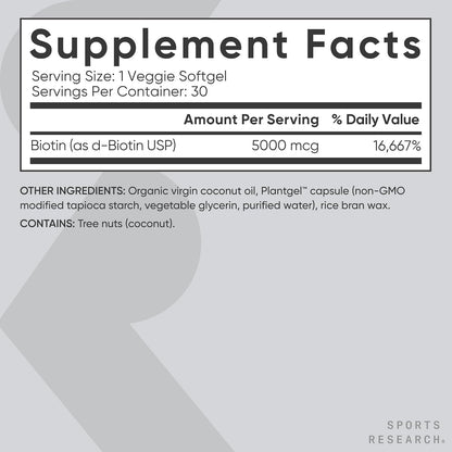 Sports Research Biotin 5,000mcg with Organic Coconut Oil - Vitamin B7 for Healthy Hair and Skin Support - Vegan, Non-GMO, Gluten & Soya-Free - 30 Veggie Softgels