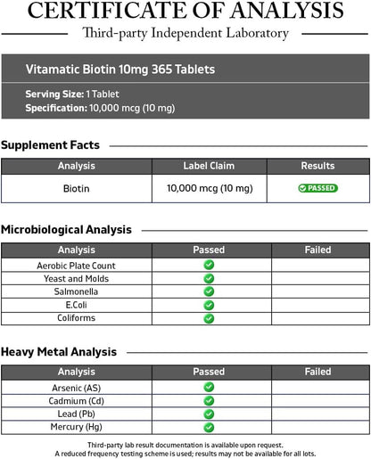 Vitamatic Biotin 10,000 mcg (10 mg) - 365 Vegan Tablets for Hair, Skin and Nails