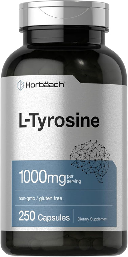 Horbäach L-Tyrosine 1000mg, 250 Capsules - Amino Acid Supplement, Non-GMO & Gluten-free
