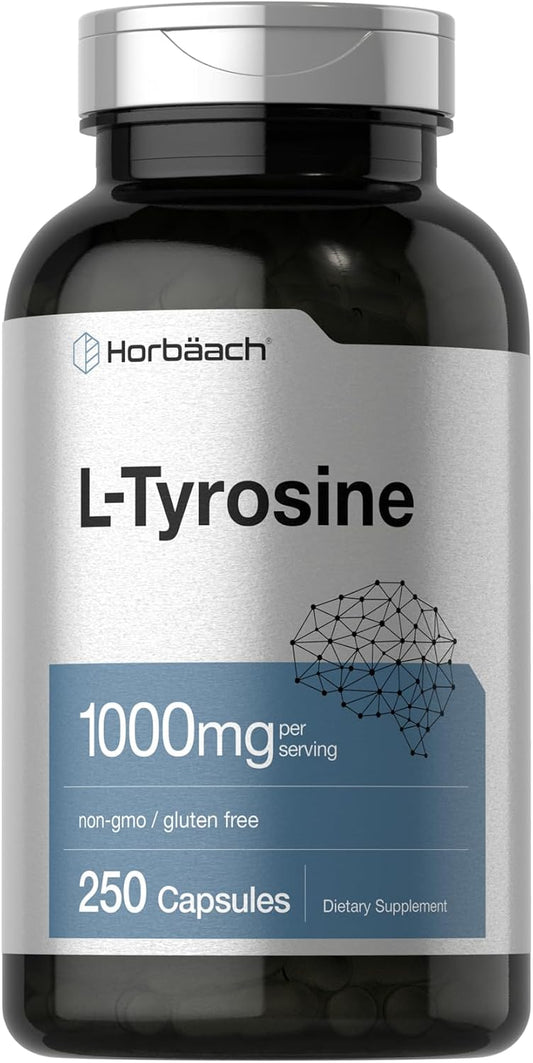 Horbäach L-Tyrosine 1000mg, 250 Capsules - Amino Acid Supplement, Non-GMO & Gluten-free