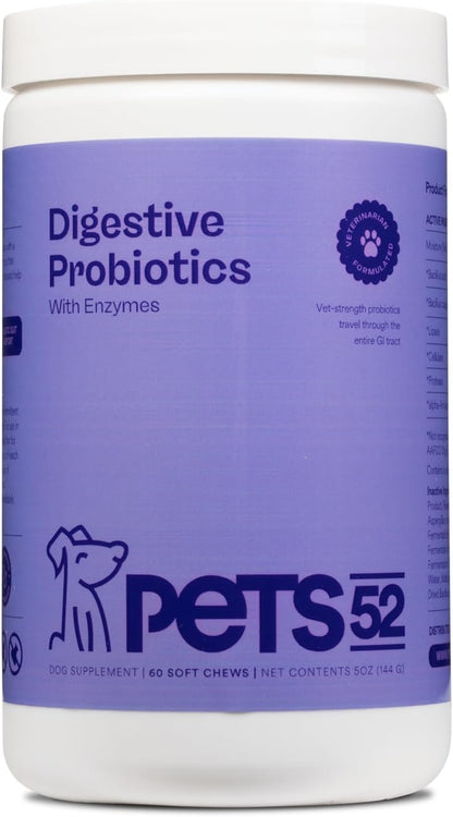 Pets 52 - Digestive Dog Probiotics with Enzymes: Supports Healthy Gut Flora, Boosts Immune Function, Promotes Stomach Comfort, Vet-Strength Formula for Improved Digestion - 30-Day Supply